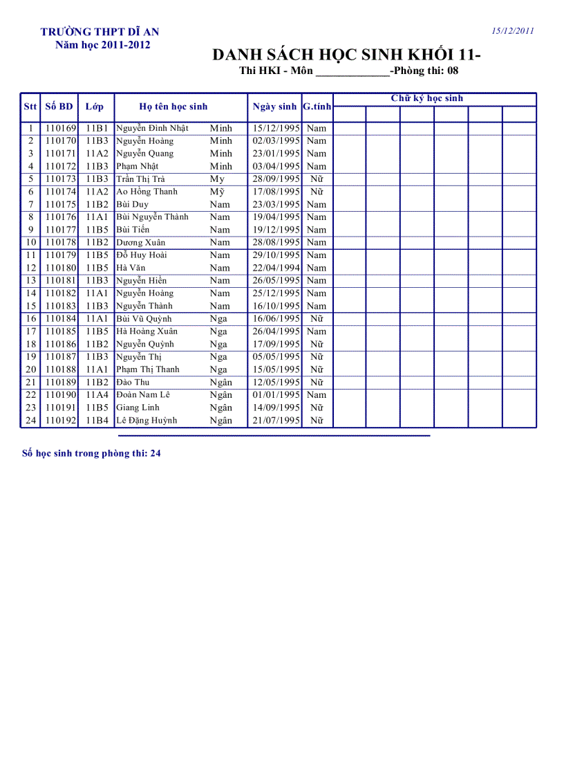 image for page Danh sách phòng thi Khối 11