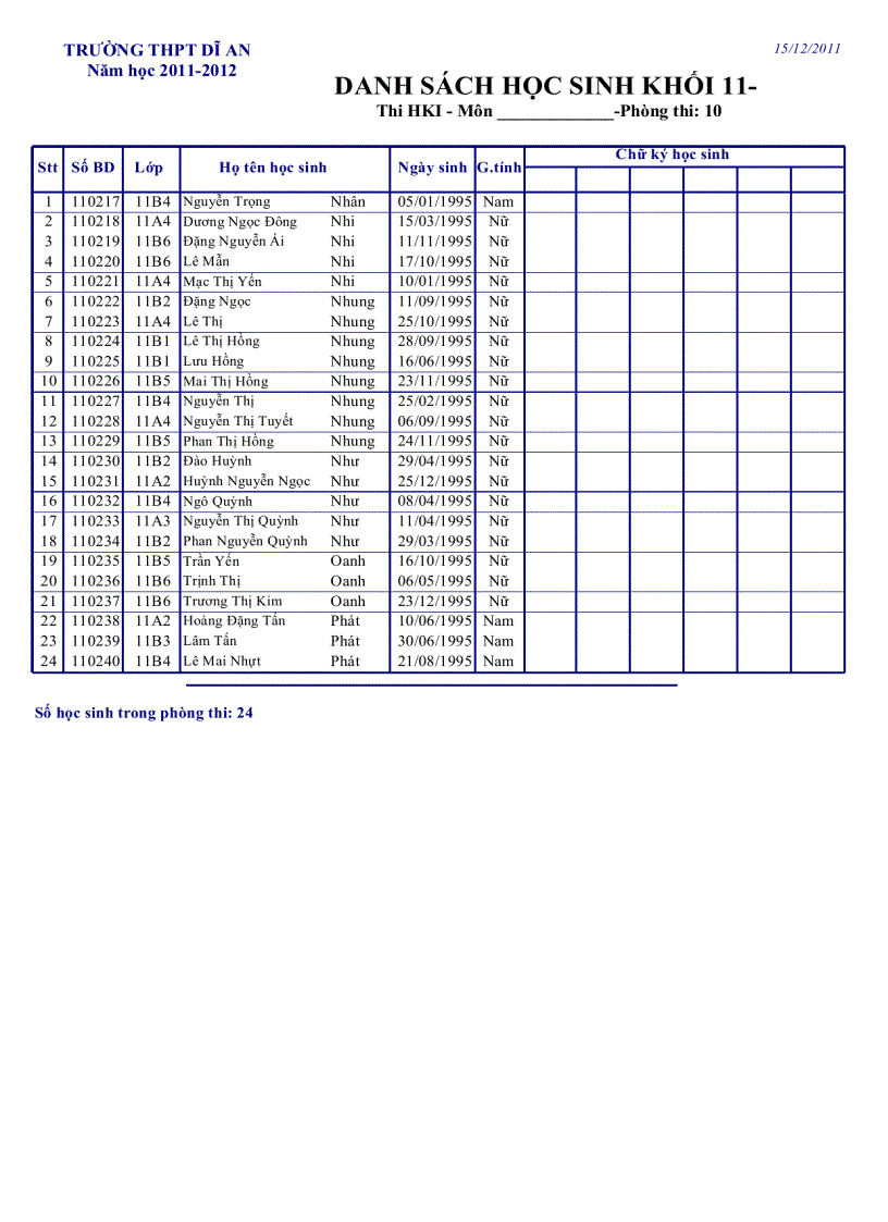 image for page Danh sách phòng thi Khối 11