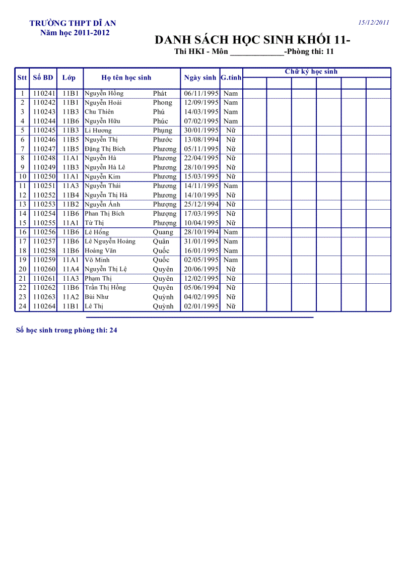 image for page Danh sách phòng thi Khối 11