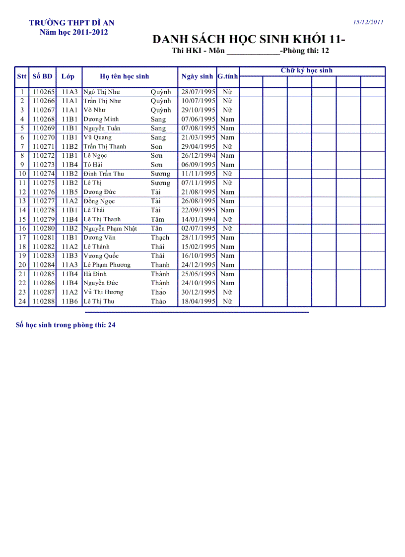 image for page Danh sách phòng thi Khối 11