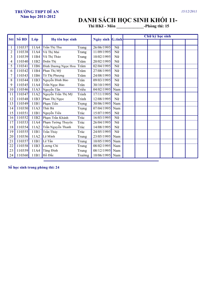 image for page Danh sách phòng thi Khối 11