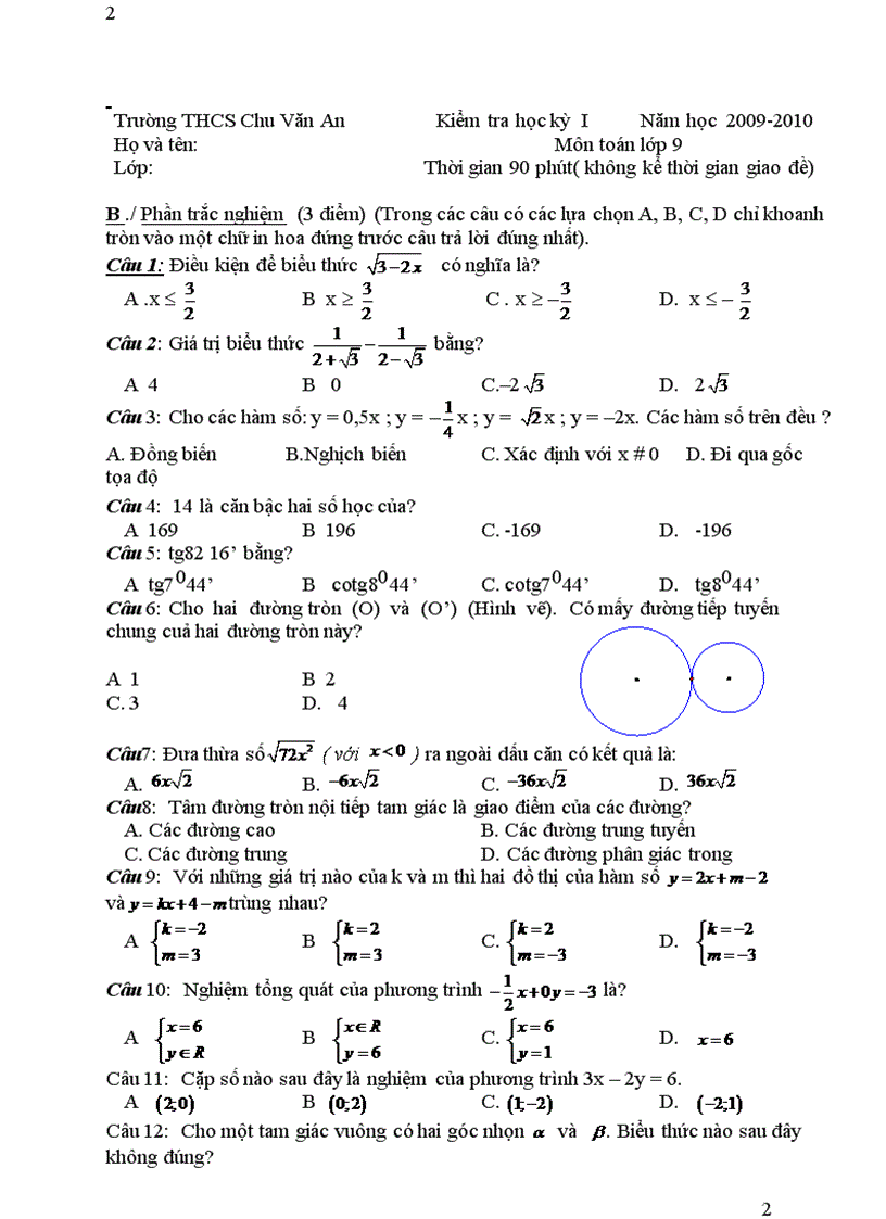 Đề kiểm tra kỳ 1 toán 9