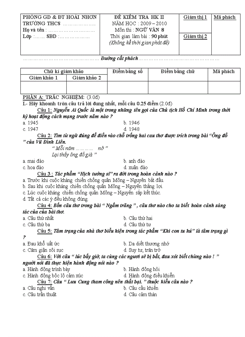 image for page Đề KT Ngữ văn 8 HKII 09 10