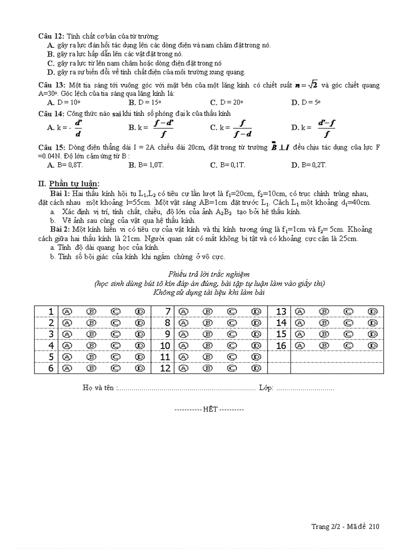 Đề KT vật lý HKII 2011