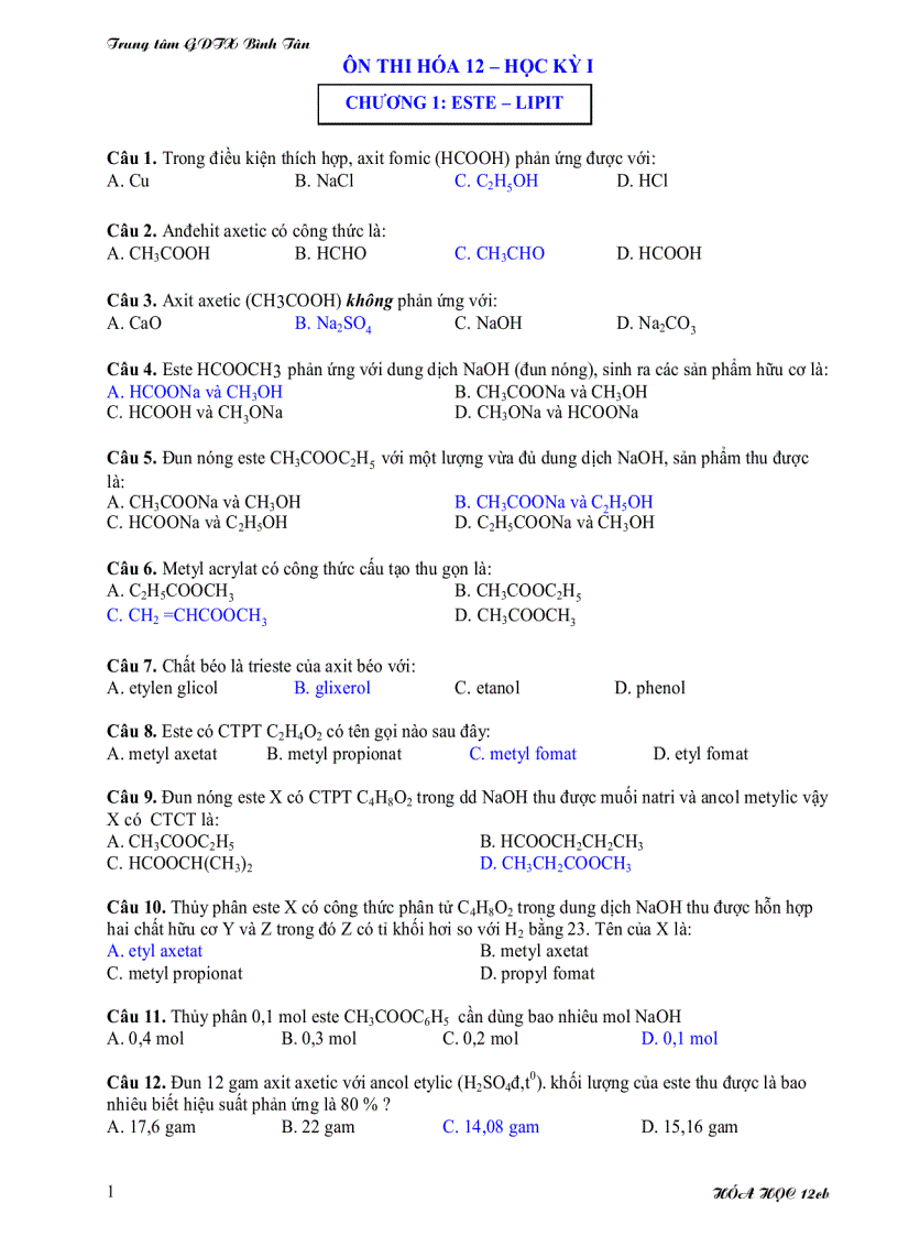 Đề thi hóa học kỳ 1