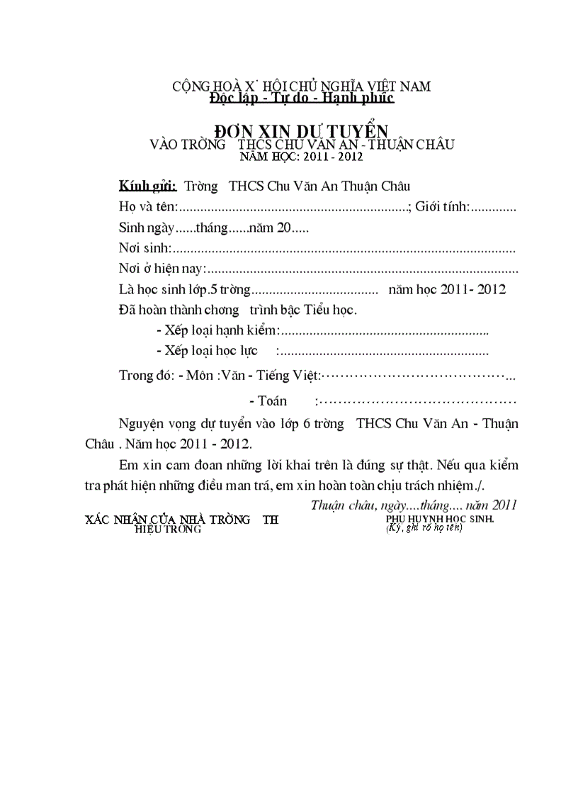 image for page Don xin du tuyen vao lop 6