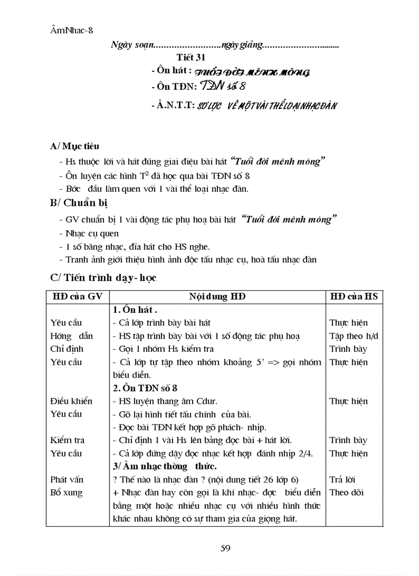 image for page Giáo án Âm nhạc 8