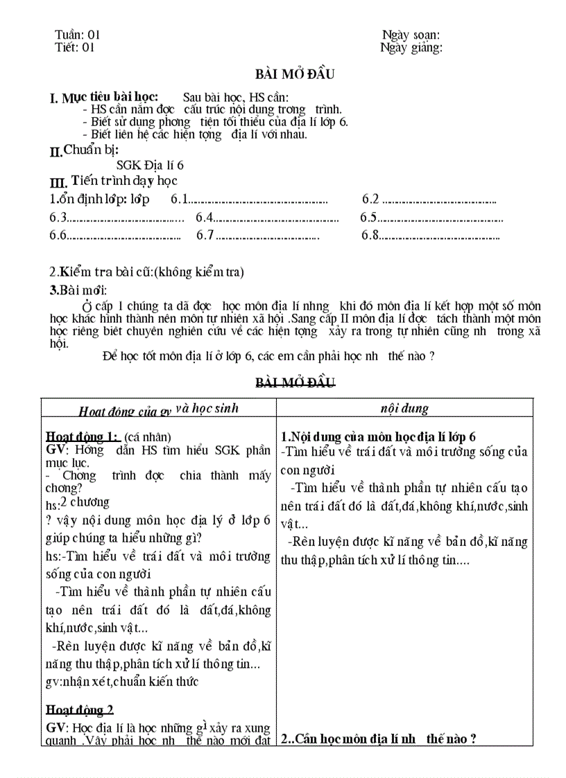 image for page Giáo án địa 6 từ tiết 1 11 soạn theo chuẩn KT KN