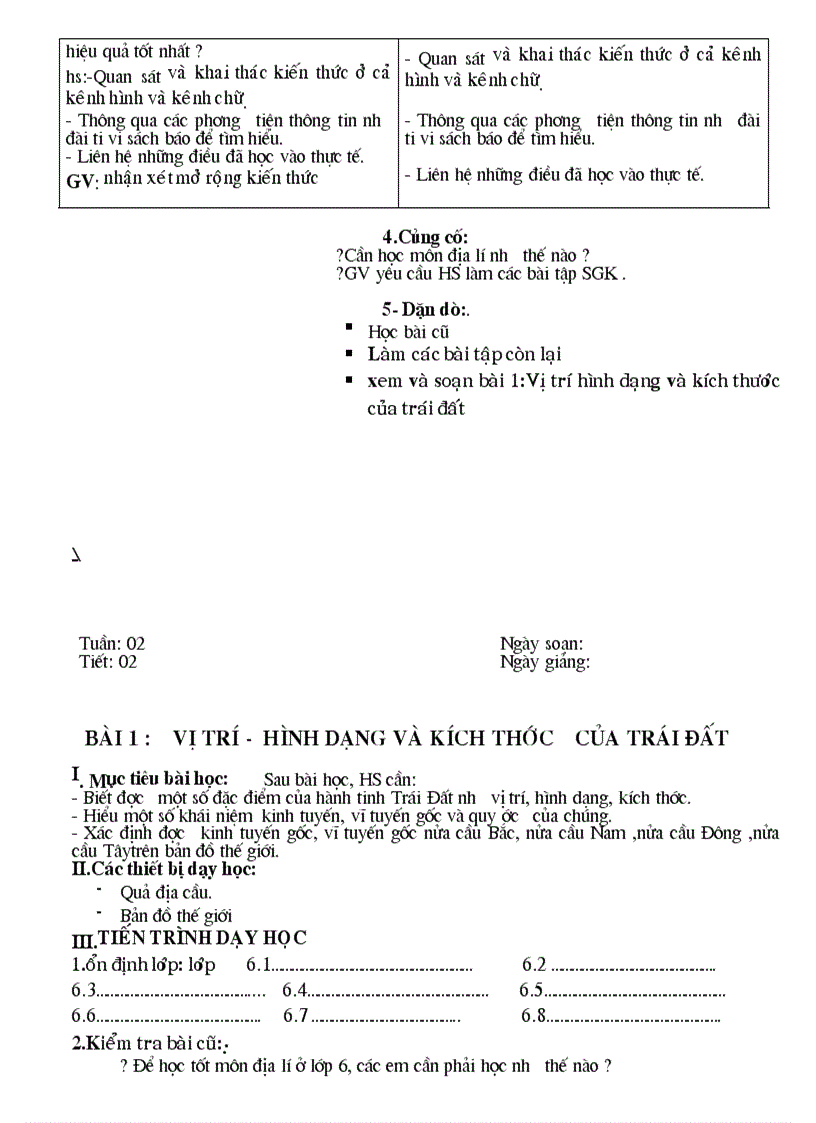 image for page Giáo án địa 6 từ tiết 1 11 soạn theo chuẩn KT KN