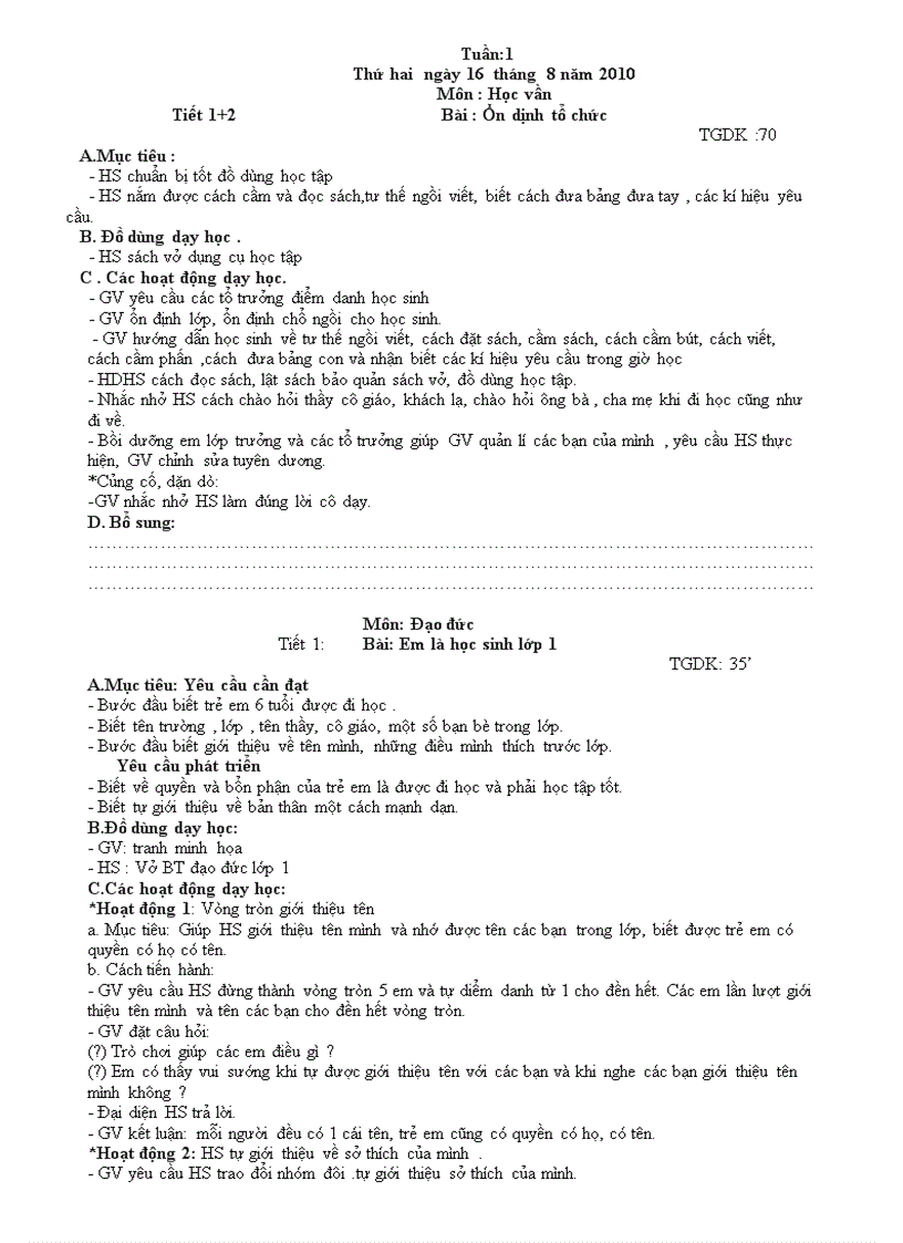 image for page Giáo án khối 1 Tuần 1