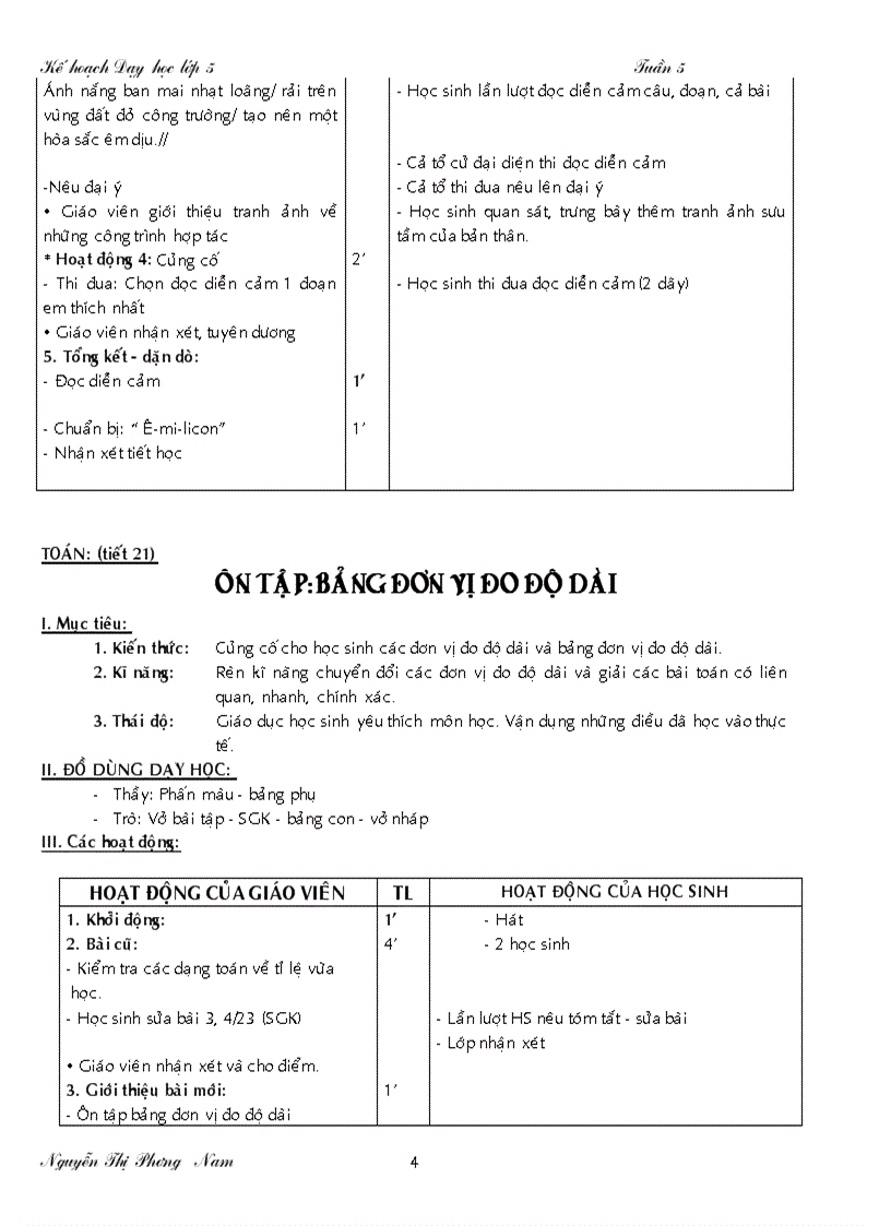 Giáo án lớp 5 tuần 5 đủ các môn