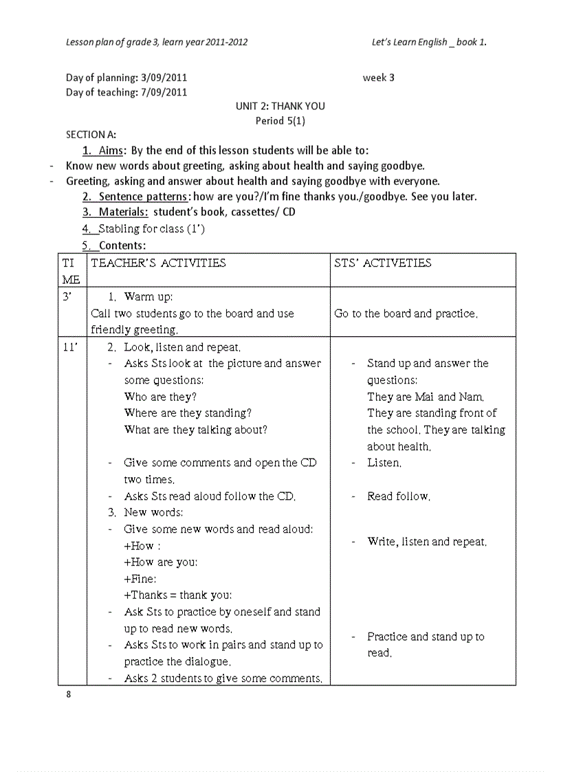 image for page Giáo án Tiếng Anh lớp 3 học kỳ I