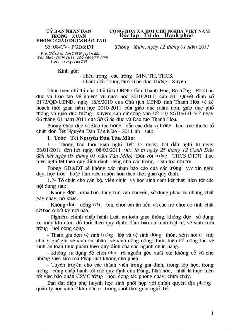 image for page HD nghỉ tết Nguyên đán Tân Mão Phòng GD ĐT Thường Xuân