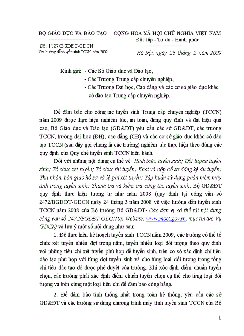 image for page Hướng dẫn tuyển sinh TCCN 2009