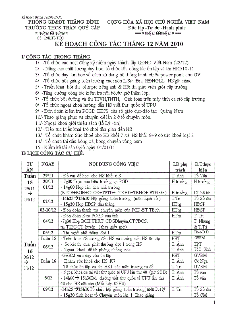 Kế hoạch công tác tháng 12 2010