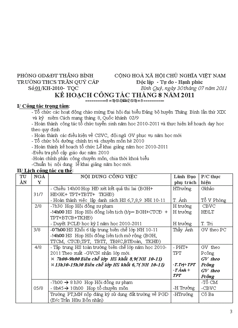 Kế hoạch công tác tháng 7 năm 2011