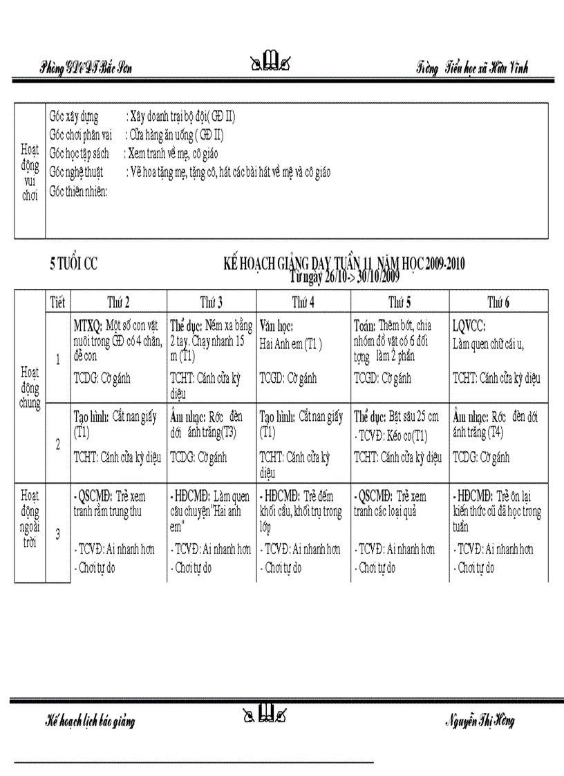 image for page Kế hoạch lịch báo giảng lơp 5 tuổi CC