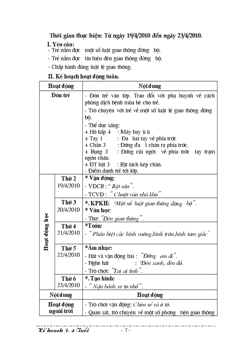 image for page Kế hoạch tuần CĐ Giao Thông 3 4 Tuổi