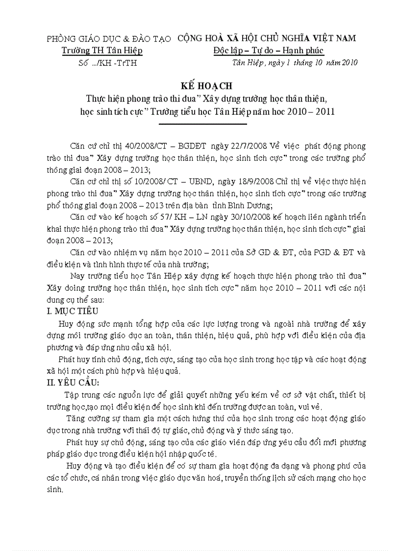 image for page Kế hoạch xây dựng trường học thân thiện học sinh tích cựuc năm học 2010 2011