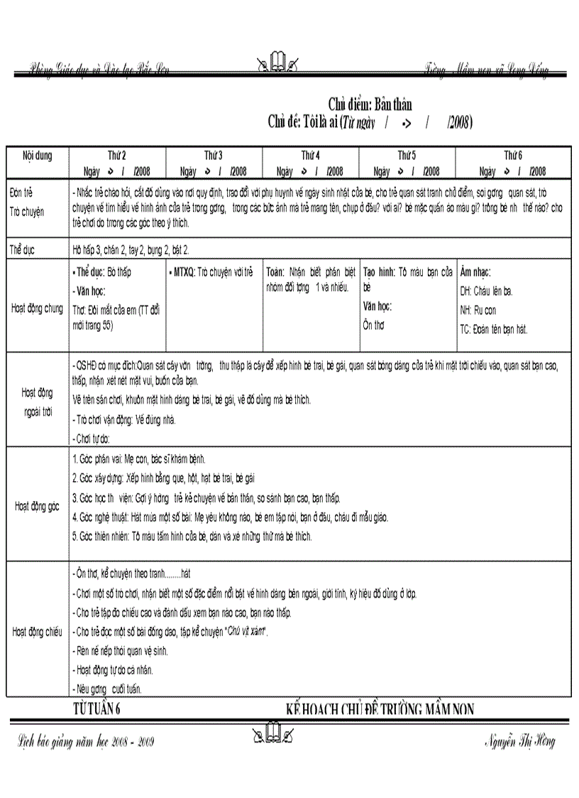 Lịch báo giảng khối 3 tuổi NH 2008 2009