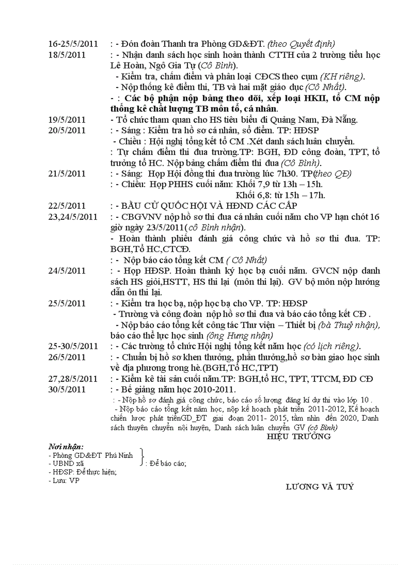 Lịch công tác tháng 5