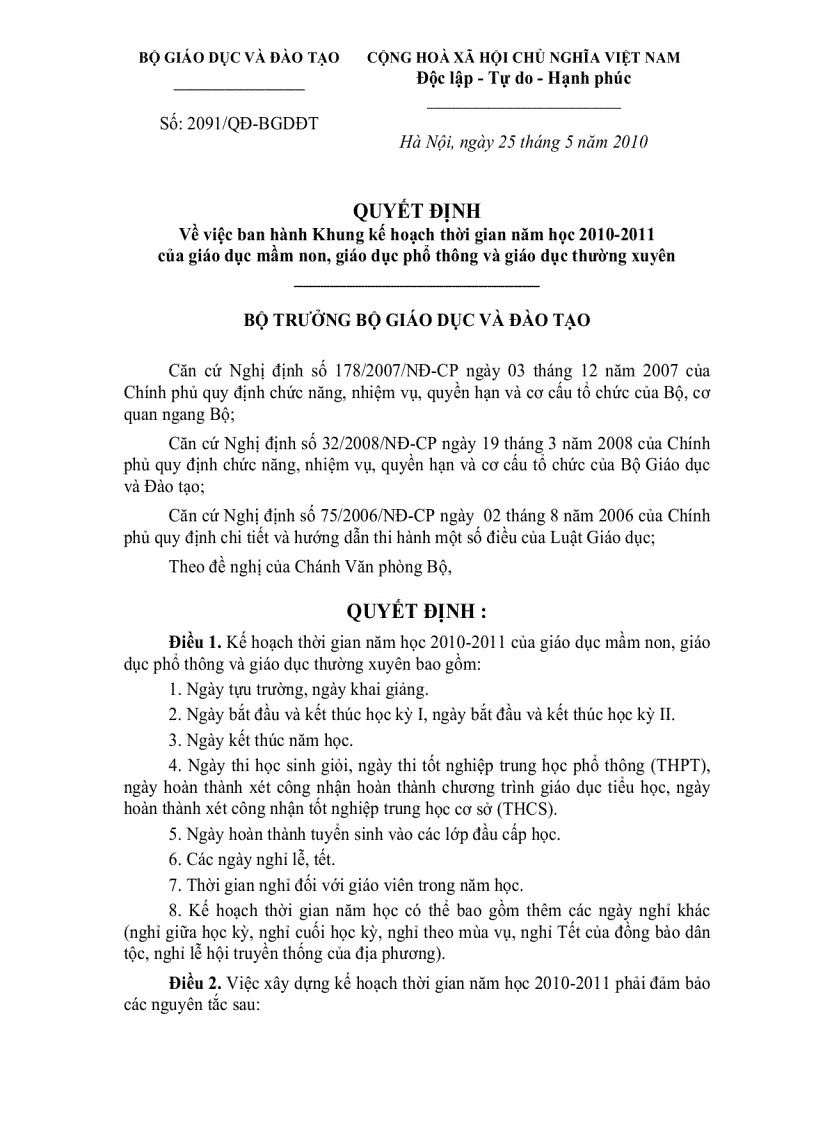 QĐ 2091 về khung thời gian biên chế năm hoc 2010 2011