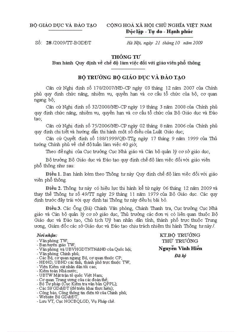 image for page Thông tư Ban hành Quy định về chế độ làm việc đối với giáo viên phổ thông