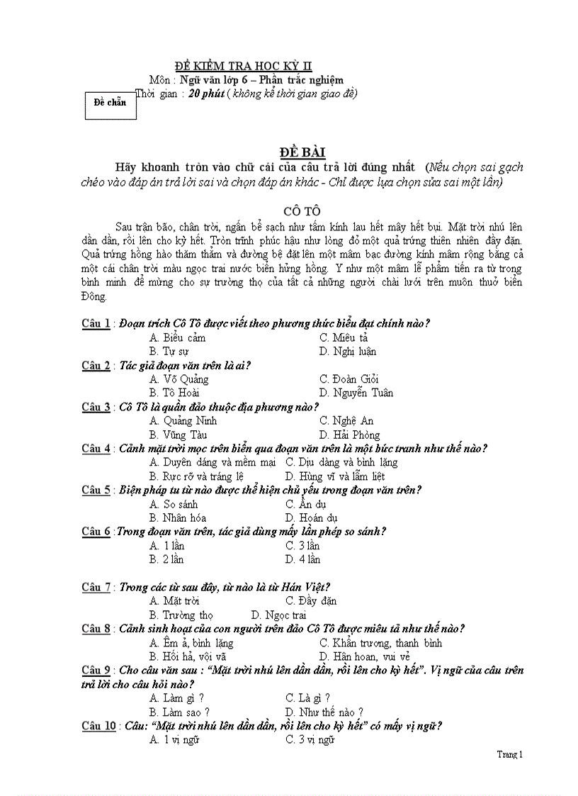 image for page Đề KTHK II Văn 6 NVT