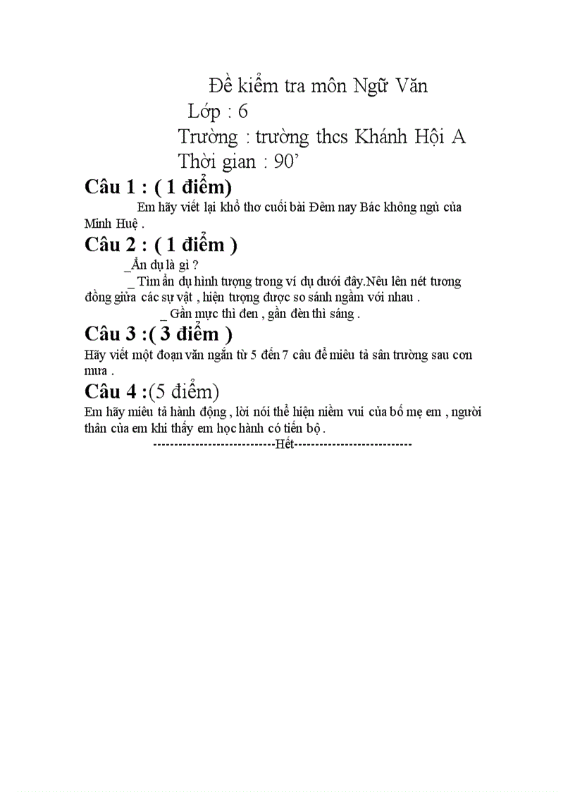 image for page Đề thi hk2 môn Ngữ Văn lớp 6 quận 4