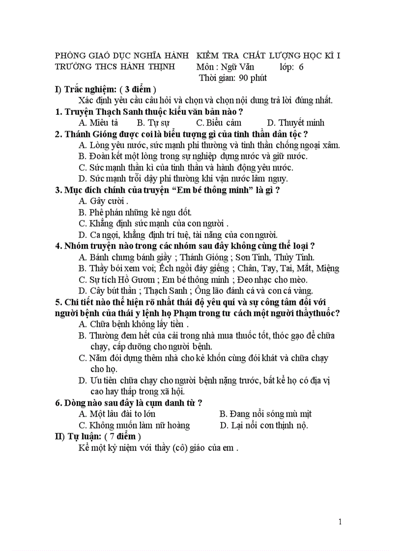 image for page Đề thi và đáp án HKI HKII văn 6