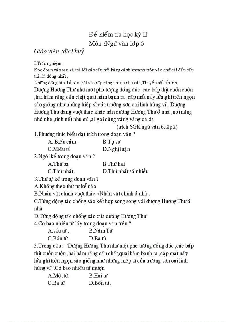 image for page Đề và đáp án kiểm tra văn 6 kỳ 2