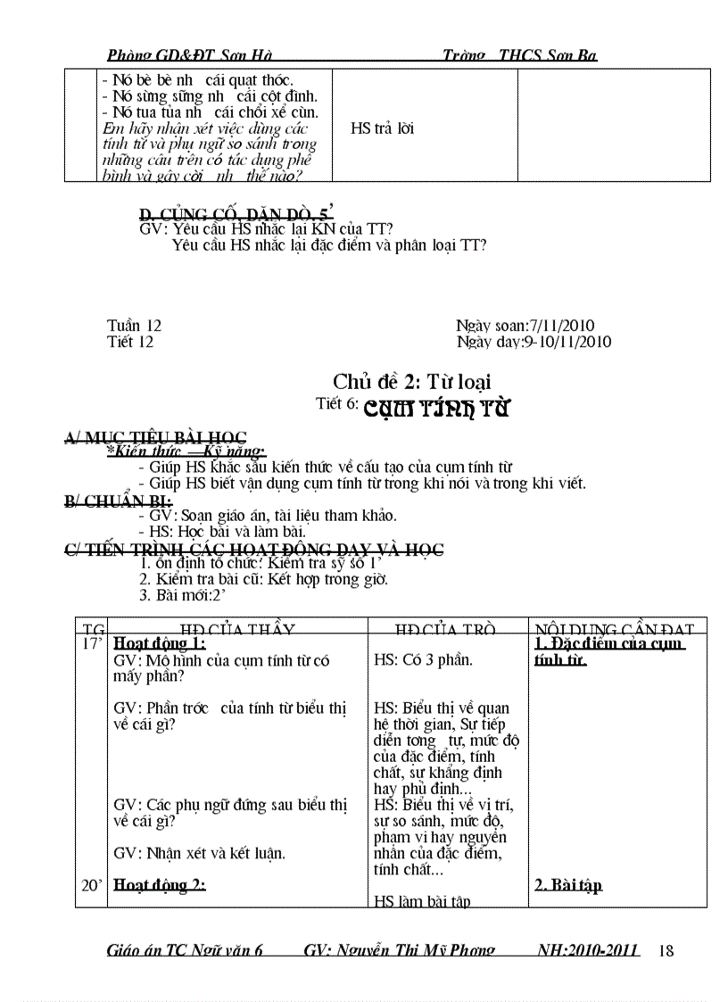 image for page Giáo án Ngữ văn 6 tự chọn 4 cột Quảng Ngãi