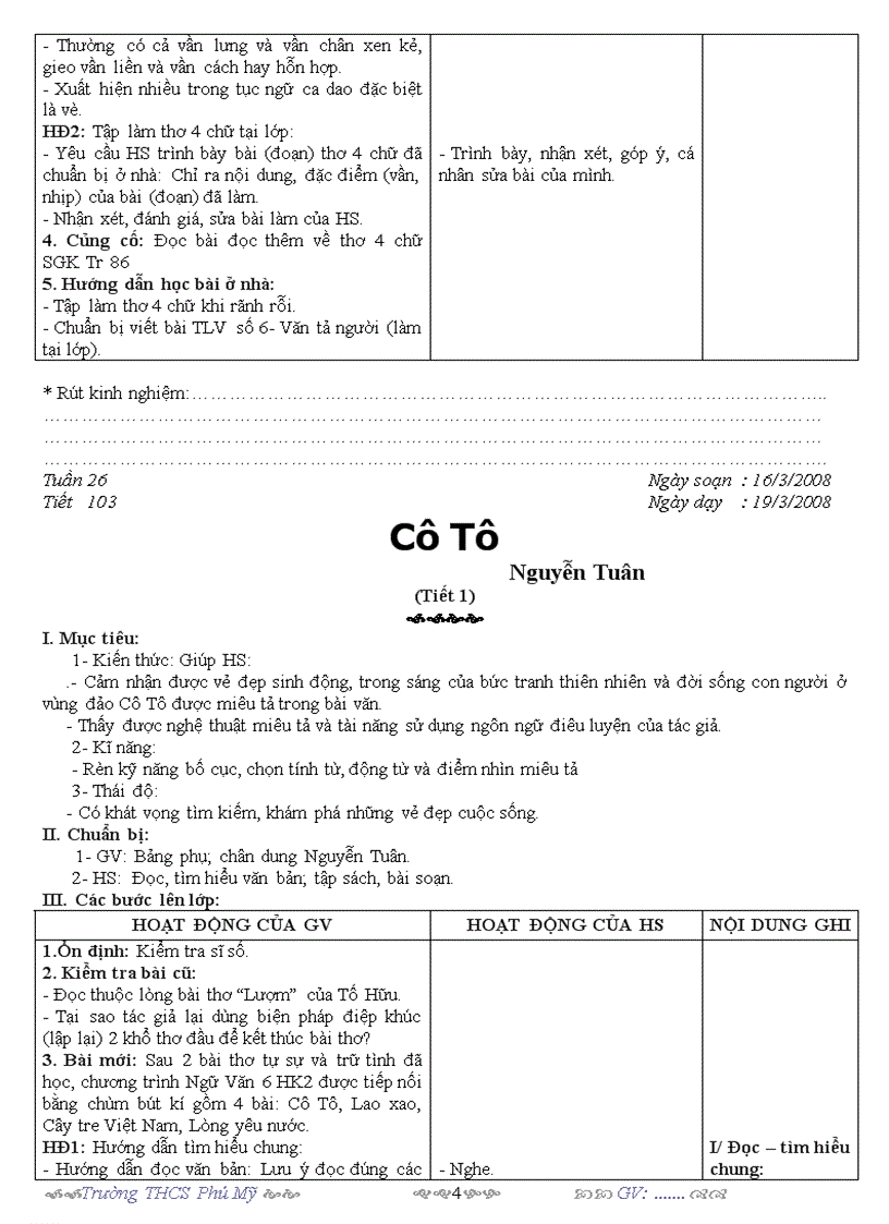 image for page Giáo án Ngữ văn 6 tuần 26 3 cột