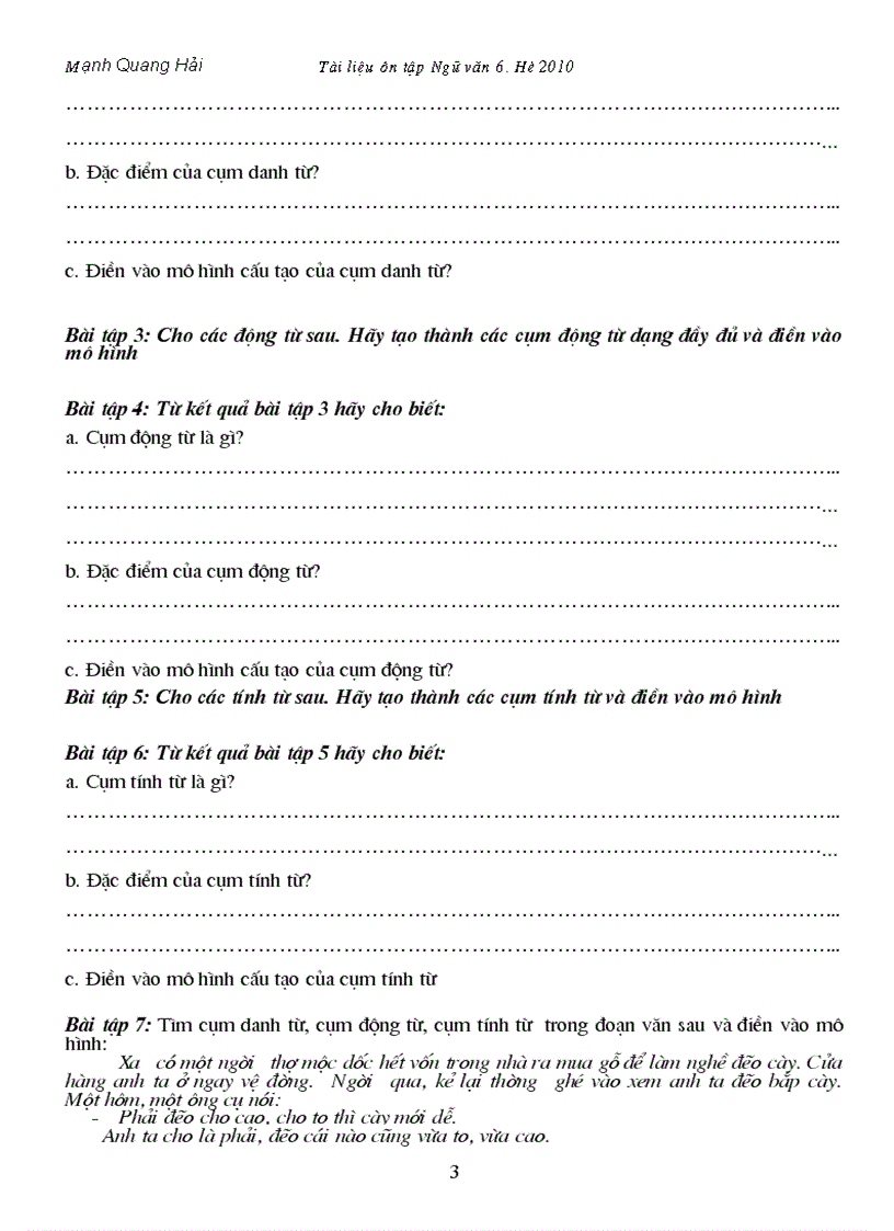 Hệ thống câu hỏi bài tập ôn tập NV6 2010