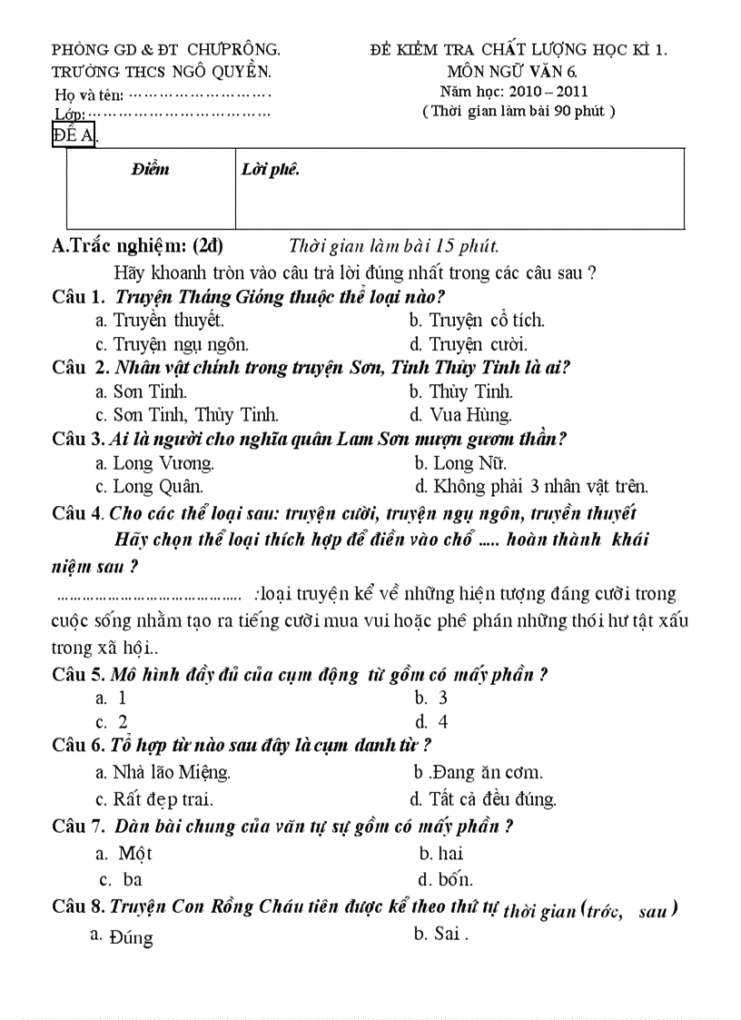 image for page Kiểm tra văn 6 HKI có ma trận đáp án