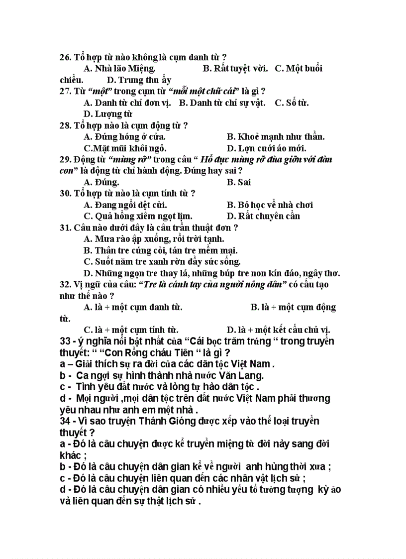 image for page Ngân Hàng câu hỏi trắc nghiệm ngữ văn 6