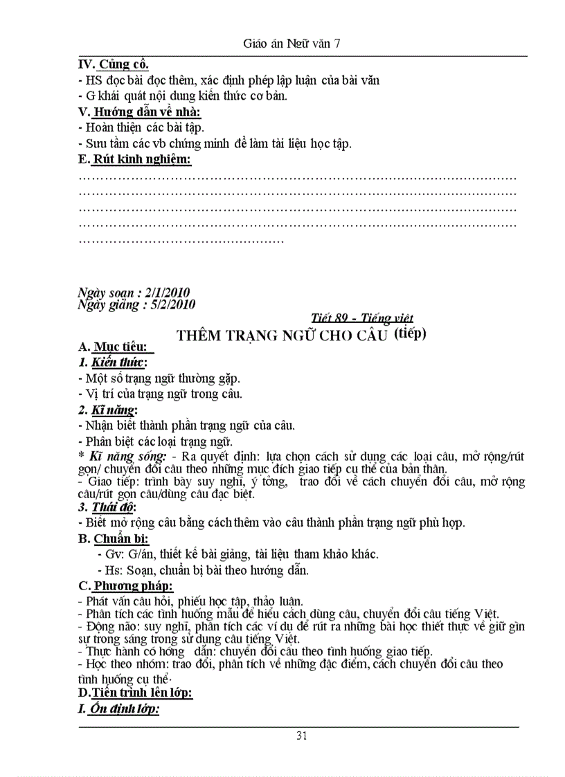 image for page Giáo án Ngữ văn 7 HK 2 có kĩ năng sống