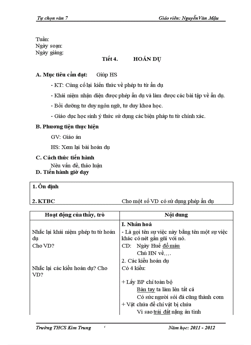 image for page Giáo án tự chọn Ngữ văn 7