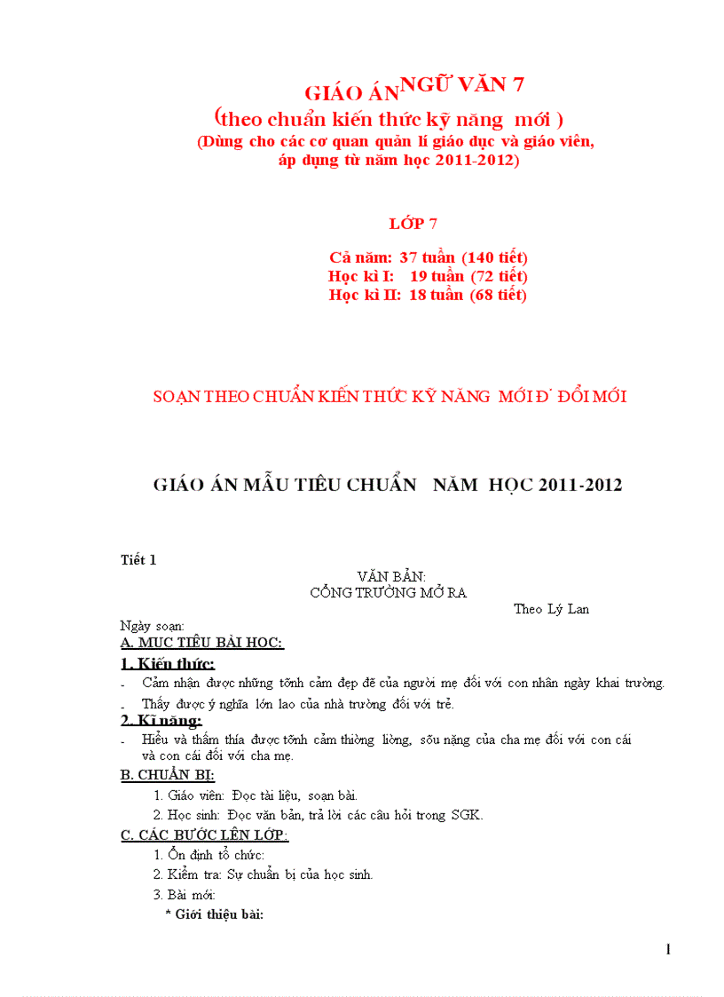 Giáo án Văn 7 Mới Cả năm theo chuẩn KTKN
