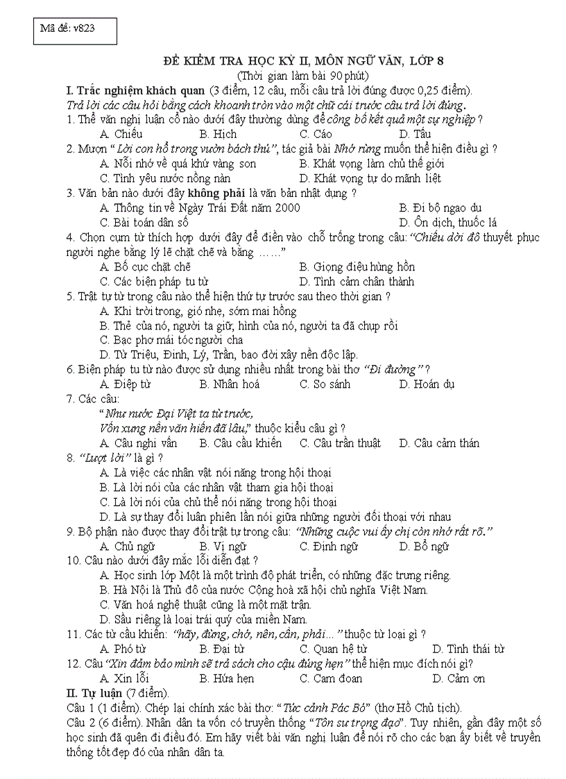 image for page Đề đáp án văn 8 kỳ II