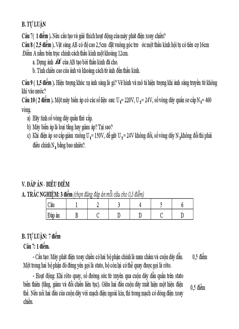 Đề kiểm tra 1tiết lí 9 mới