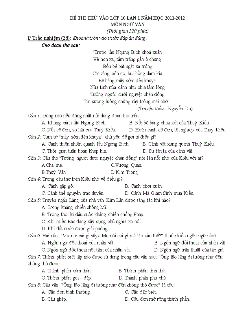 image for page Đề thi thử vào 10 môn ngữ văn 9