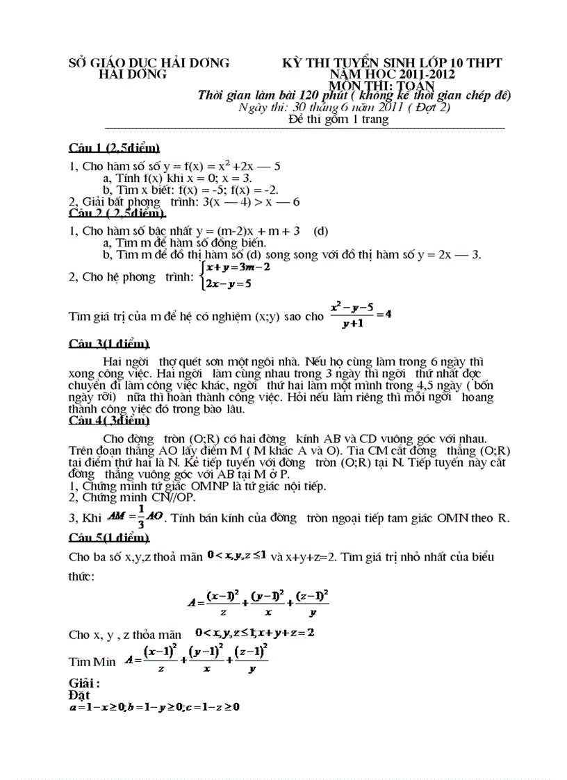 image for page Đề thi và đáp án vào 10 đợt 2 năm 2011 2012 Hải Dương