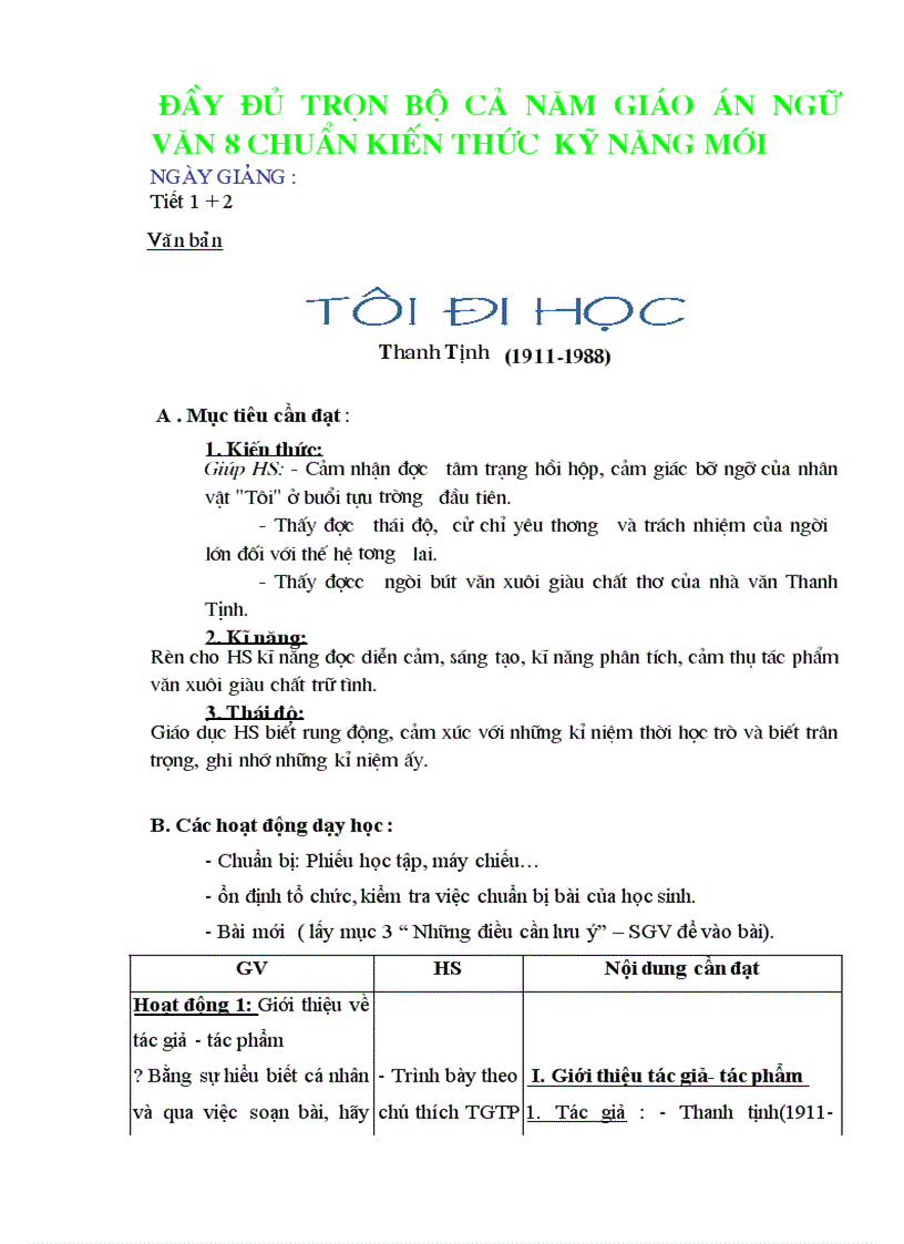 Giáo án ngữ văn 8 cả năm chuẩn kiến thức mới năm 2011