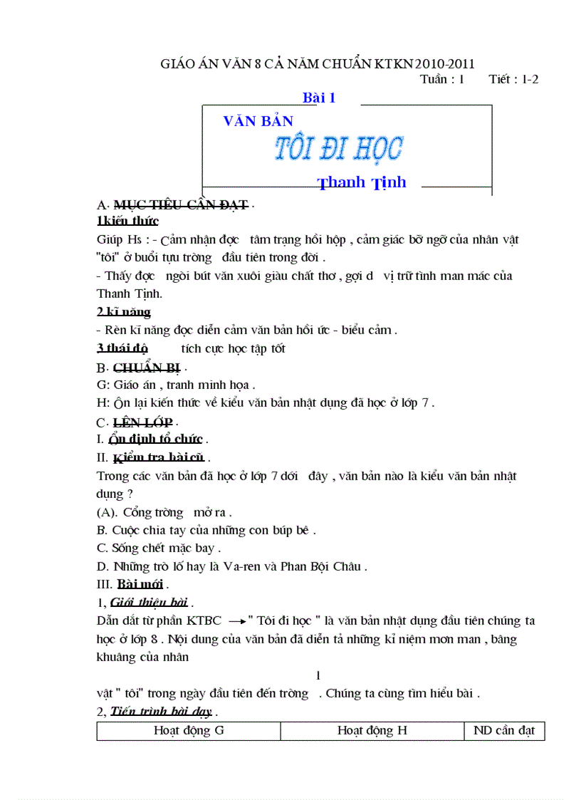 image for page Giáo án ngữ văn8 3 cột chuẩn KTKN