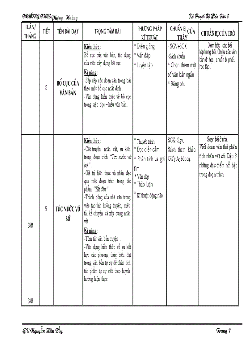 image for page Kế hoạch dạy ngữ văn 8