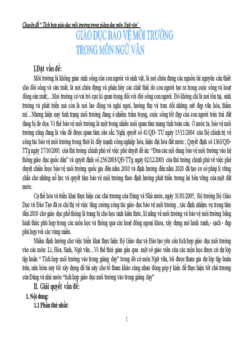 image for page Tích hợp GD môi trường trong môn ngữ văn
