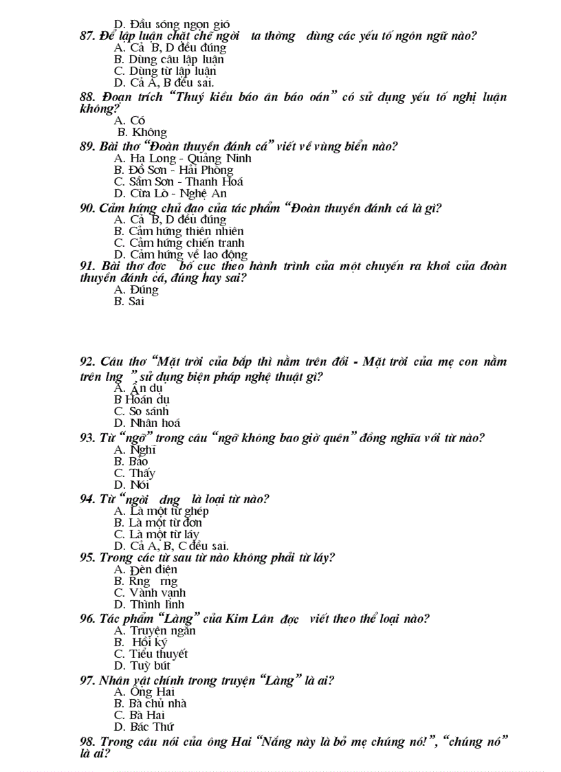 image for page 100 cau hoi trac nghiem Van 9 ki I