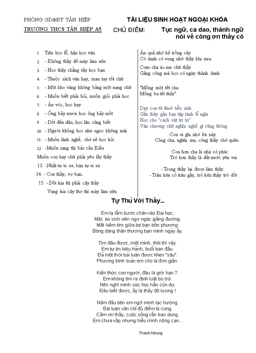 image for page Ca dao tục ngữ nói về thầy cô