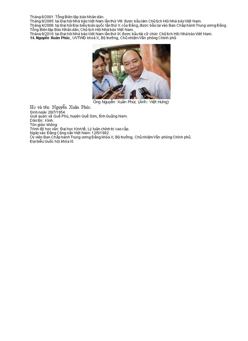 image for page Danh sách tiểu sử BCT khóa XI